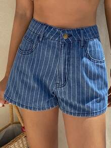 DAZY 女士条纹高腰口袋宽松休闲牛仔短裤 - 藍色 - 查看 5