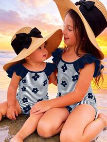 SHEIN Baby Girls' Casual Minimalist Fitted One-Piece Swimsuit, Suitable For Summer - Multicolor - View 3