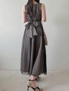 FRIFUL 女士夏季波点网纱拼接荷叶边腰部无袖连衣裙 - 黑色 - 查看 6