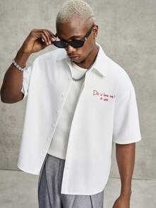 PAVTROS Men's Casual Letter Flocked Front Button Short Sleeve Shirt, Summer Funny Shirt Shirt With Text Custom Shirt Personalised Shirt - White - View 2