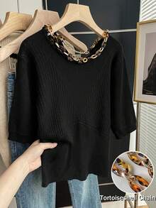 Franclia Women's Black Plain Ribbed Knit Top Regular Length Half Sleeve Round Neck With Unique Tortoiseshell Chain For Casual Wear - Black - View 1