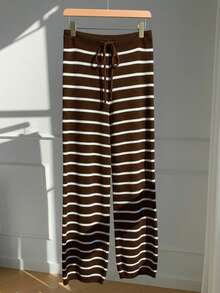 Comfortcana Plus Size Women Casual Striped Knit Sweater & Pants Set - Brown - View 3