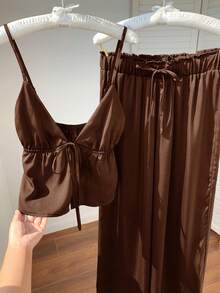 SHEIN Comfortcana Women's Brown Linen Camisole And Pants 2 Pieces Set, Summer Outfit - Brown - View 6