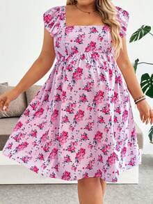 Plussiva Umstandskleid in Große Größen mit Blume Muster, Bindedetail und Volantärmeln - Pink - Übersicht 9