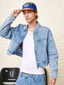 Zalmeno 男士浅蓝色落肩长袖短款休闲牛仔夹克 - 淺色水洗藍 - 查看 1