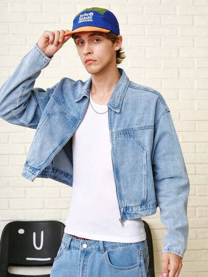 Zalmeno Áo khoác denim ngắn tay dài màu xanh nhạt hở vai thường ngày cho nam