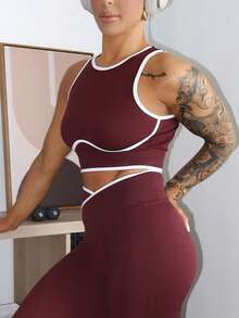 SAYEHFBABY Bộ đồ thể thao áo hai dây khoét lưng và quần legging viền tương phản - màu nâu - Xem 4