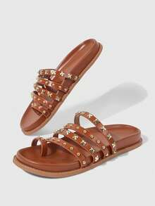 HighSole 女士时尚休闲家居户外步行亮金色铆钉平底凉鞋 - 棕色 - 查看 4
