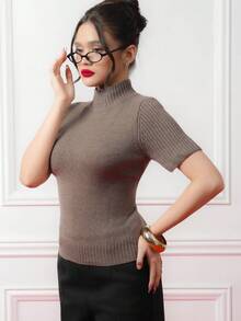 Criza Taa Women's Solid Color Turtleneck Short Sleeve Wool Knit Top, Deep Brown, Brown Sweater, Brown Tops , All Season, New Year Clothes Summer Casual - Coffee Brown - View 4