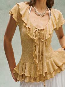 Bohemela 女士纯色荷叶边系带休闲T恤 - 鵝黃色 - 查看 3