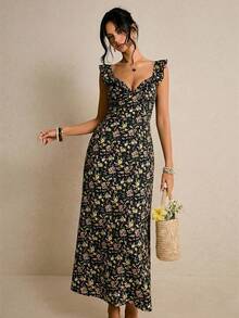 女士休闲碎花中长连衣裙，适合度假 - 黑色 - 查看 3