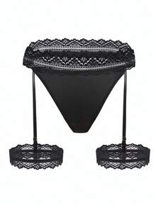 SHEIN 加大碼音樂節蕾絲拼接性感內衣 - 黑色 - 查看 6