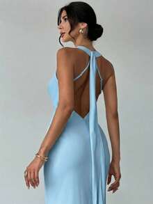 优雅性感露背开衩长裙，轻盈雪纺材质，吊带垂褶领无袖荷叶边下摆，适合度假、派对、毕业典礼、返校、下午茶、夏日穿着。 - 藍色 - 查看 2