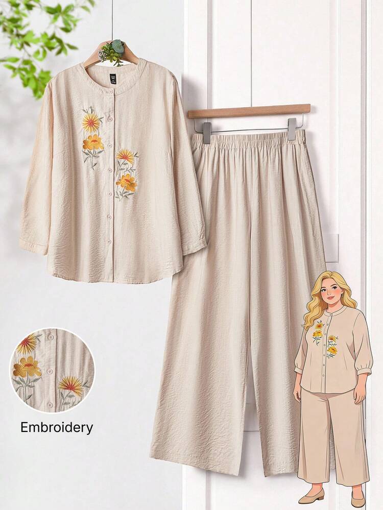 Plus Size Women Vintage Country Style Leisure Vacation Apricot 3/4 Sleeve Open Front Button-Up Blouse With Embroidered Pattern & Wide Leg Pants Fall Women Clothes Country Concert Outfit Fall Women Clothes