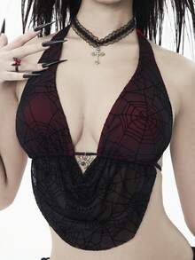 ROMWE Goth Bộ đồ bơi tankini gợi cảm buộc dây cổ, họa tiết mạng nhện, dành cho nữ, thích hợp mặc đi biển mùa hè. - Đỏ - Xem 8