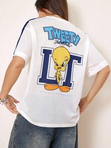 LOONEY TUNES X SHEIN Áo thun nữ thời trang xuyên thấu, chất liệu lưới, in chữ, cổ chữ V, tay ngắn. - trắng - Xem 1