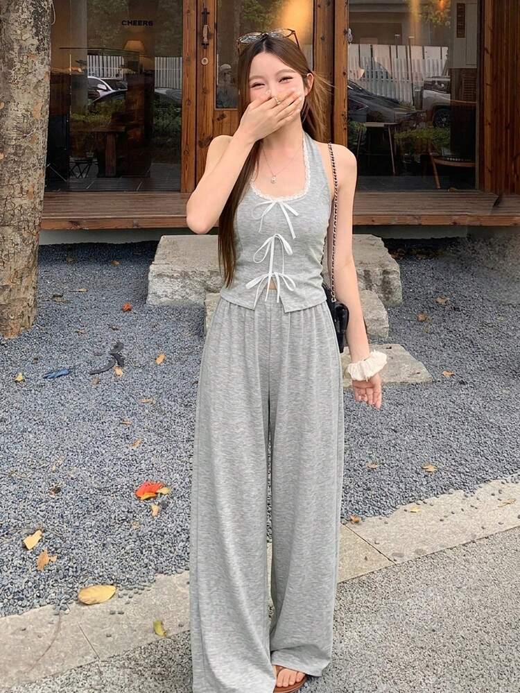 Women's Lace Trim Bow Decor Halter Top And Wide Leg Pants Casual 2 Pieces Set