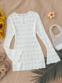 女童V领镂空罩衫连衣裙，白色沙滩度假休闲连衣裙，百搭夏季沙滩罩衫 - 白色 - 查看 2