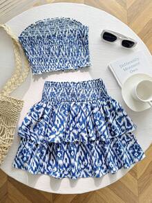 Tween Girls' Casual Everyday Comfortable Tie-Dye Print Camisole Top And Skater Skirt Set - Blue - View 2