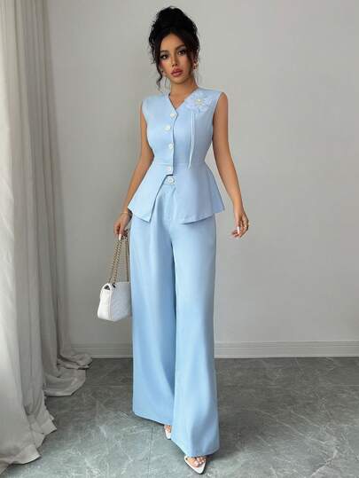 Modelyn Bộ đồ hai mảnh dành cho nữ, kiểu dáng retro thanh lịch, cổ chữ V, màu xanh nhạt, họa tiết hoa 3D, gồm áo vest và quần, thích hợp cho việc đi làm.