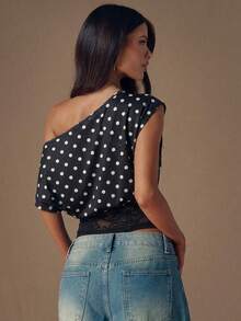 SHEIN BAE 黑色波点蕾丝拼接斜肩时尚女式衬衫，春夏款 - 黑色 - 查看 2