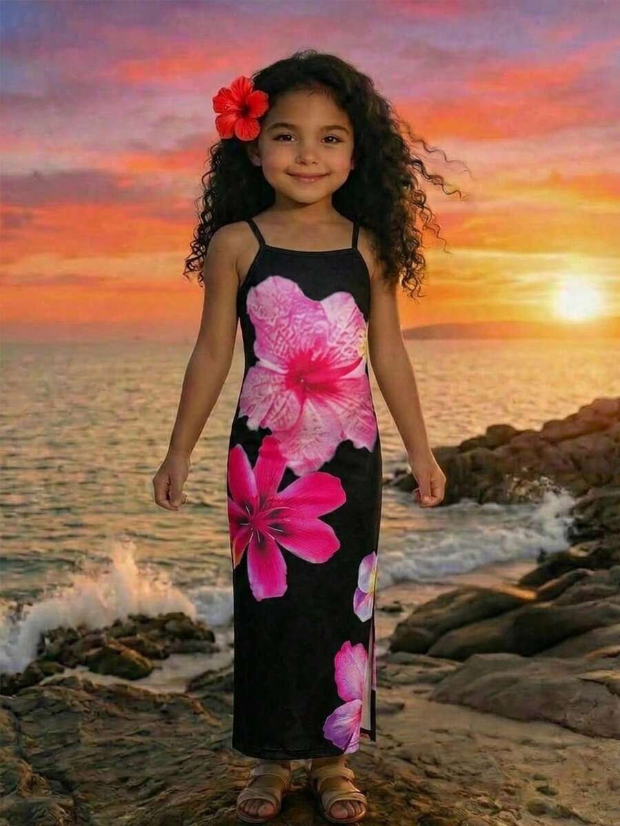 SHEIN Young Girl Floral Print Knit Dress With Slit, Fashionable & Versatile For Beach, Vacation, Hawaii Trip, Family Matching, Sister Photo Shoot, Park, Camping, Party, Casual Daily Wear, Leisure Holiday - Black - View 1