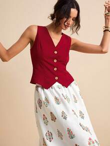 LOTSLUV 女士红色无袖背心上衣和印花长裙两件套，春夏款 - 紅色 - 查看 3