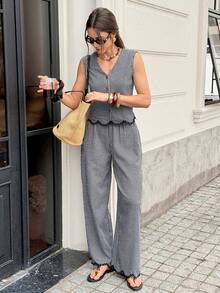 Serisse Women's Summer Casual Commute Plaid Front Button Camisole And Pants 2 Pieces Set - Black and White - View 3