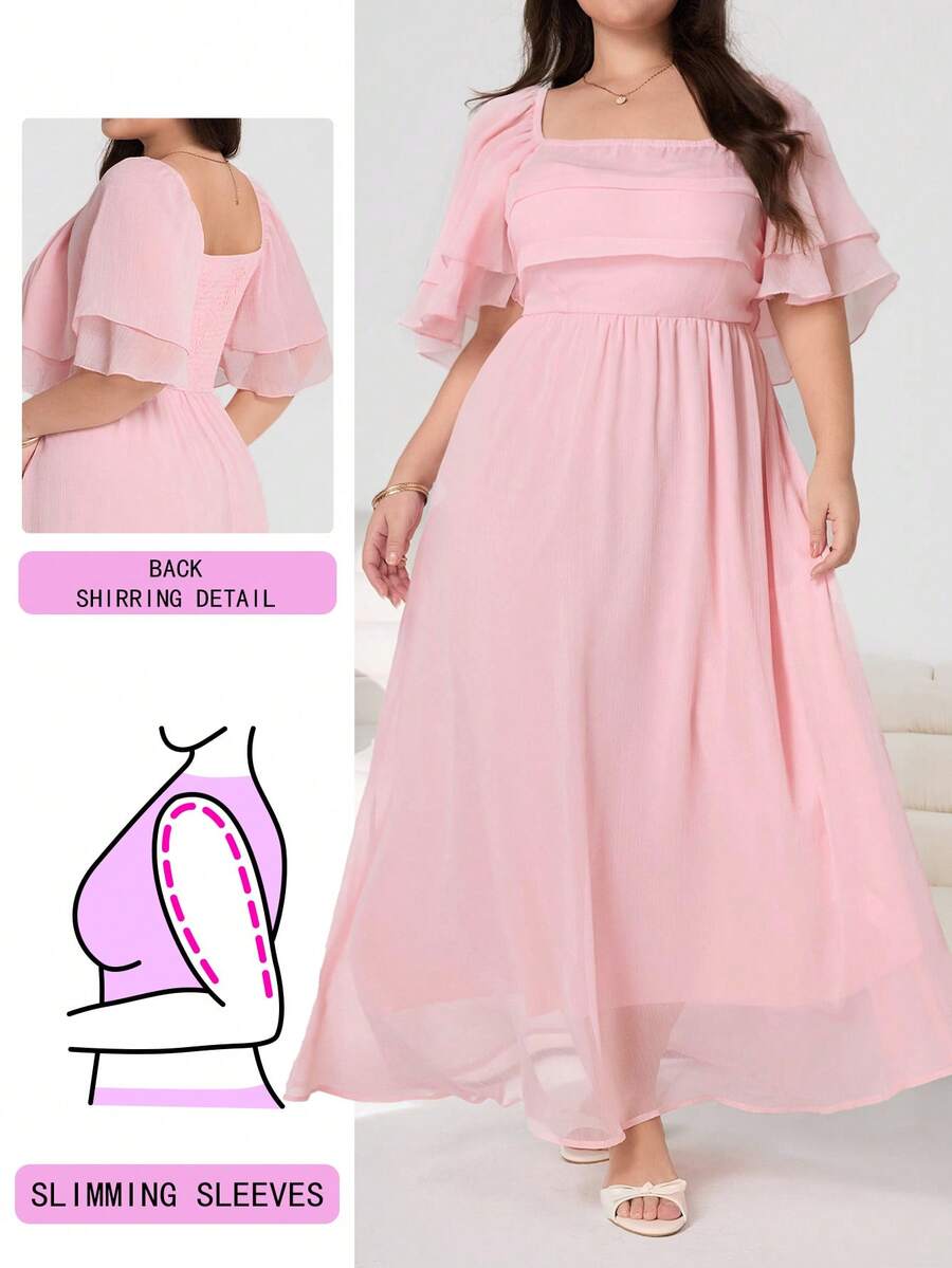 Solflare Plus Size Elegant Square Neck Ruffle Sleeve Waist Tie Dress, Summer - Pink - View 1