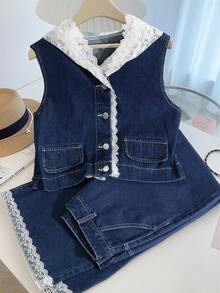 GlowEve Women's Lace Patchwork Hooded Denim Set - Blue - View 9