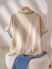 CosyJoli 大码休闲撞色滚边前扣口袋短袖衬衫 - 杏色 - 查看 2