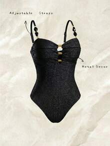 Swim Vcay 1 件纯色优雅时尚女士连体泳衣 - 黑色 - 查看 6