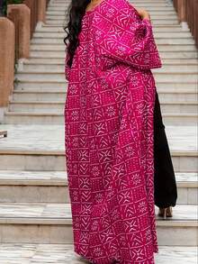 1pc Elegant Long Sleeve Coat - Polyester Fashion Versatile Long Outwear, All-Over Printed, Casual Loose Fit, Suitable For All Seasons Fall Winter Cloth For Women - Hot Pink - View 4