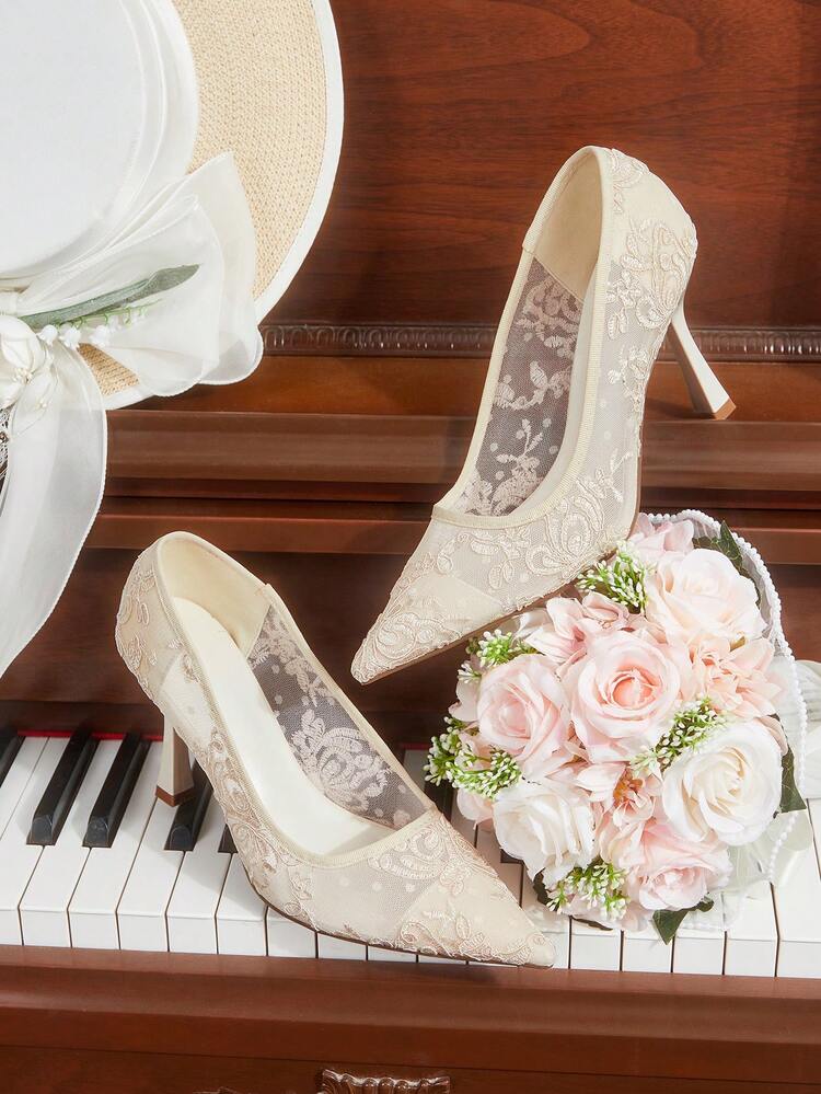 CUCCOO HITCHD Women Shoes Pointed Thin High Heel Light Apricot Lace Mesh Sexy And Comfortable Daily Versatile Women's High Heel Shoes Simple Temperament Fashion Party Wedding Banquet Women's Shoes
