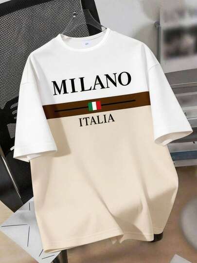 Áo thun ngắn tay cổ tròn in chữ Milan City và biểu tượng thịnh vượng dành cho thiếu niên/thanh thiếu niên nam, phong cách thường ngày/lịch sự, thích hợp cho mùa xuân/hè.