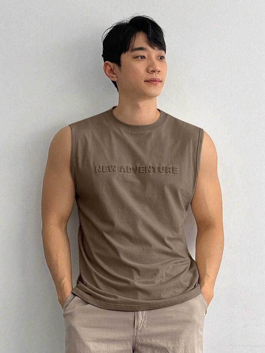 DAZY Áo ba lỗ cổ tròn in nổi đa năng thường ngày cho nam, mùa hè - màu nâu - Xem 1