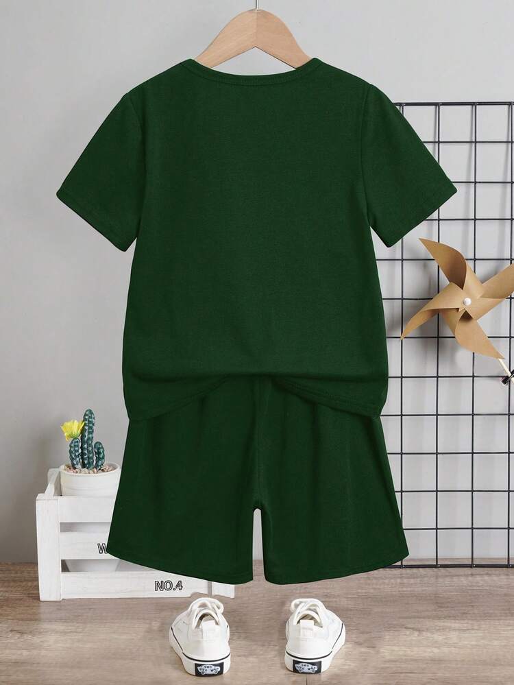 2pcs/Set Boys' Casual Short Sleeve T-Shirt And Shorts Set, Classic Cool King Text Graphic Print, Suitable For Summer - Dark Green - View 3