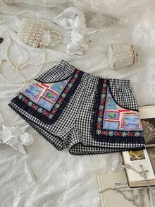 Flirla Red Plaid Cute Fruit Pattern Women Shorts - Black - View 3