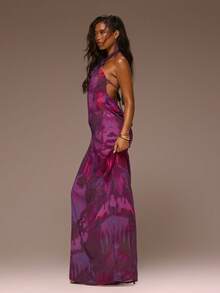 MUSERA 印花雪纺打结露背长裙，少女风春夏度假夜出可爱场合金色沙滩 - 紫色 - 查看 2