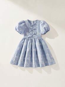 Maija Kids Maija Kids 一件儿童/少女休闲优雅度假风白色碎花紫色泡泡袖圆领宽松连衣裙，适合日常穿着、返校、郊游、聚会、节日、春夏季节。 - 淡紫色 - 查看 2