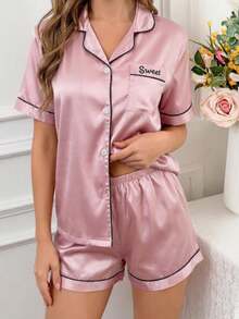 SHEIN Girls Classic Collar Solid Color Pocket Embroidered Short Sleeve Cardigan Matching Shorts Pajamas Set, Comfortable Casual Loungewear - Pink - View 3