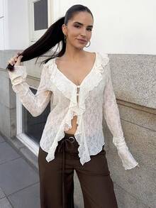 Marta Soriano 波西米亚风休闲纯色蕾丝针织荷叶边长袖女式衬衫 - 杏色 - 查看 5