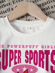 THE POWERPUFF GIRLS X SHEIN 女童夏季休闲可爱卡通字母印花T恤和短裤套装 - 白色 - 查看 3