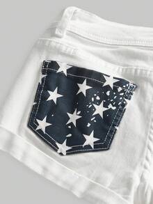 ROMWE J-Fashion Shorts vaqueros de talla grande con estampado de estrella de bandera de los EE. UU. de estilo Y2K - Blanco - Ver 4