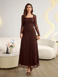 Modelyn Women's Elegant Romantic Waist Cinched Dress With Small Shawl, 2 Pieces Set Party Dark Brown Autumn - Coffee Brown - View 4