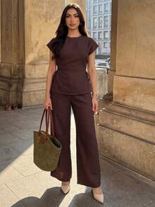 Elenzga 时尚优雅圆领收腰亚麻质感两件套女装，春夏款 - 棕色 - 查看 6