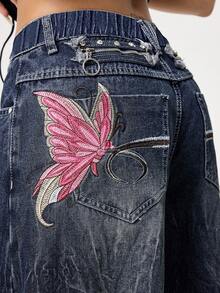 ROMWE Fairycore Quần jeans cỡ lớn kiểu vintage, bạc màu, thêu hình bướm. - Màu xanh hải quân - Xem 2