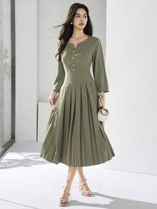 Heiryn Vestido plisado con decoración de estrella de mar elegante para uso diario, otoño - Verde - Ver 8