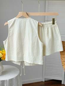 Comfortcana 女士V领无袖系带海洋生物印花两件套，夏季 - 杏色 - 查看 2