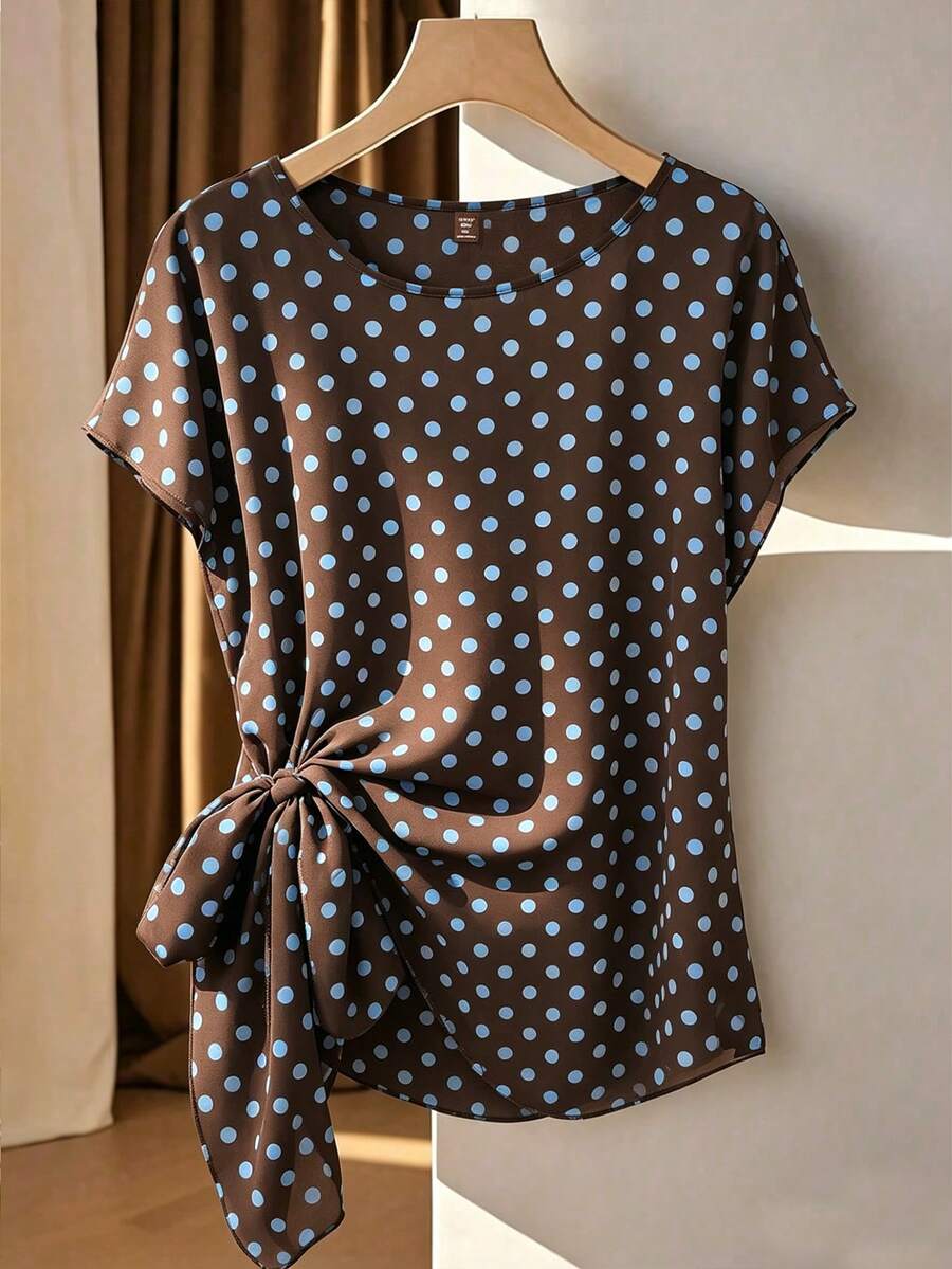 SHEIN Franclia 大码心形蝴蝶结雪纺衬衫，春夏款 - 咖啡棕 - 查看 1